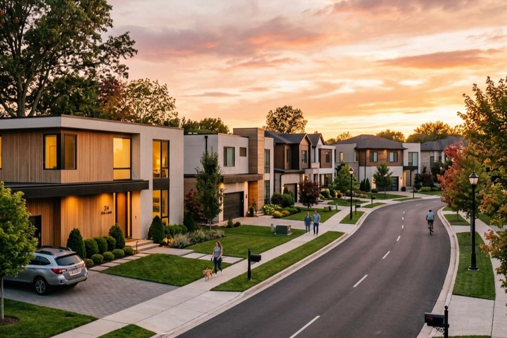 A small residential community at sunset — neighbors out on the sidewalk, single-family homes on either side.