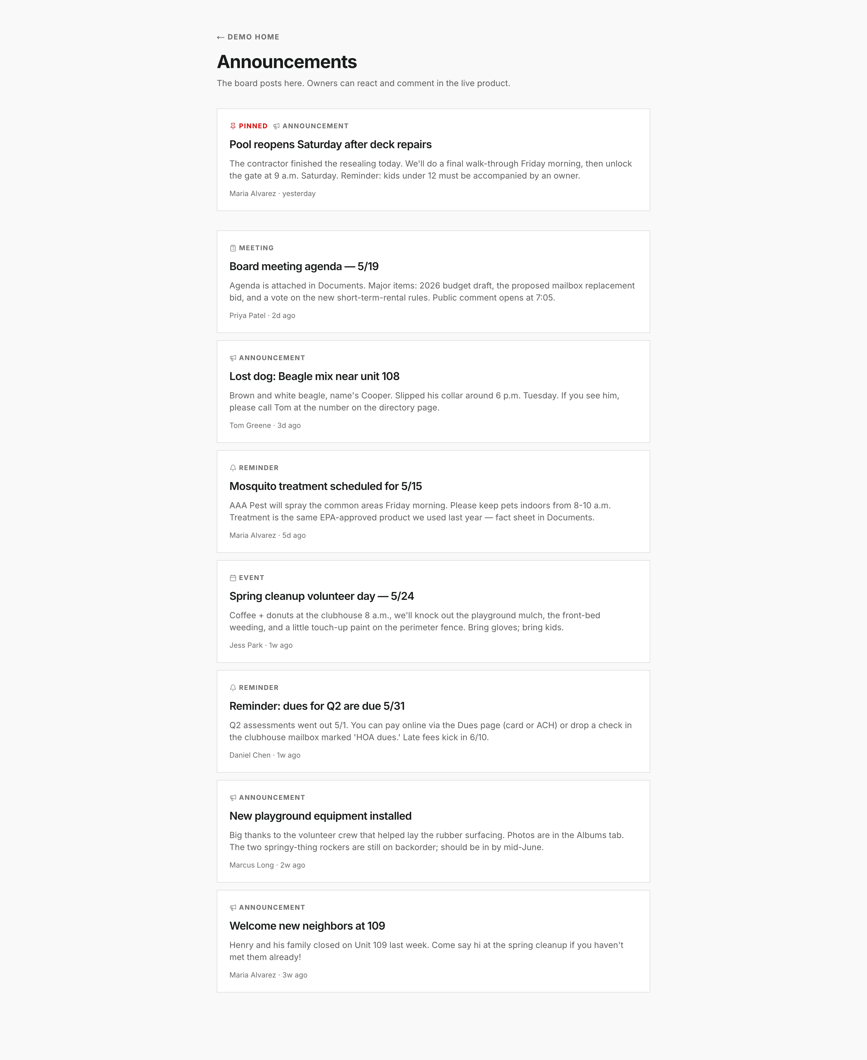 SpotHOA community feed with pinned board announcements, meeting agendas, reminders, and neighborhood posts, each attributed and timestamped.